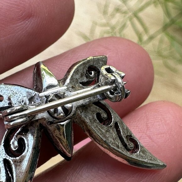 Vintage 1980s Brooch Butterfly‎ Black Onyx Stone Silver Toned Filigree Pin Y2K - Picture 5 of 9